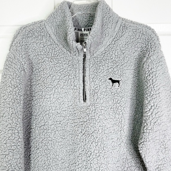 PINK VS Quarter Zip Teddy Sherpa Boyfriend Pullover Sweatshirt Grey Women’s S - Picture 3 of 11